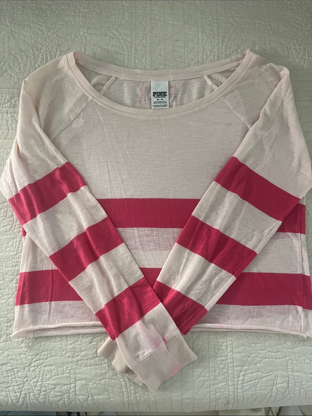 PINK Victoria's Secret Pale Pink and Bright Pink Striped Long Sleeve Crop Top